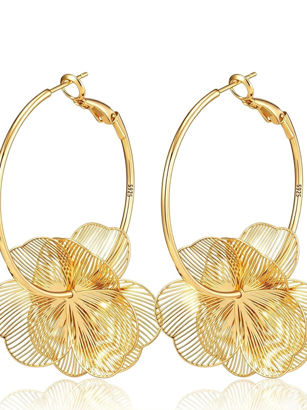 14K Gold Plated Sterling Silver Trendy Metal Floral Hoop Earrings